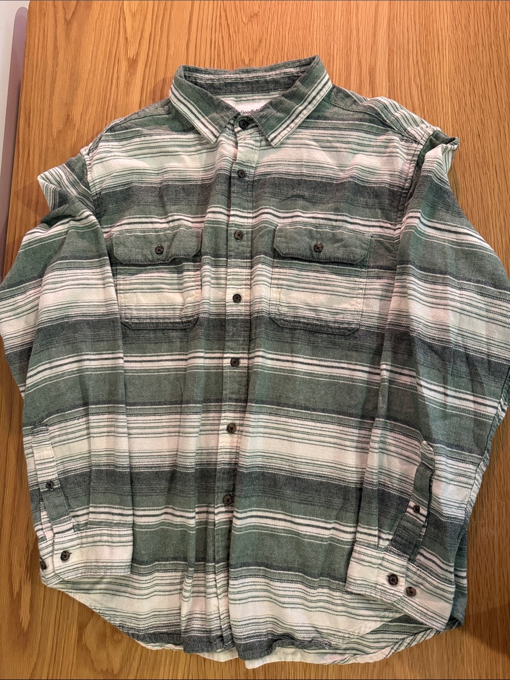 Goodfellow & Co Green and White Striped Flannel Collared Shirt